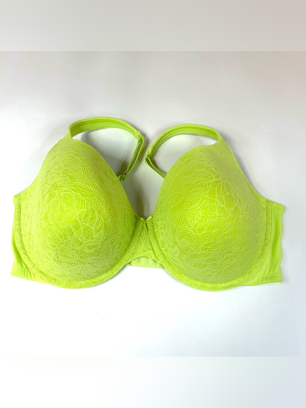 Cacique 42F 42DDD Lightly Lined Tshirt Bra Solid Yellow Floral Lace #3623